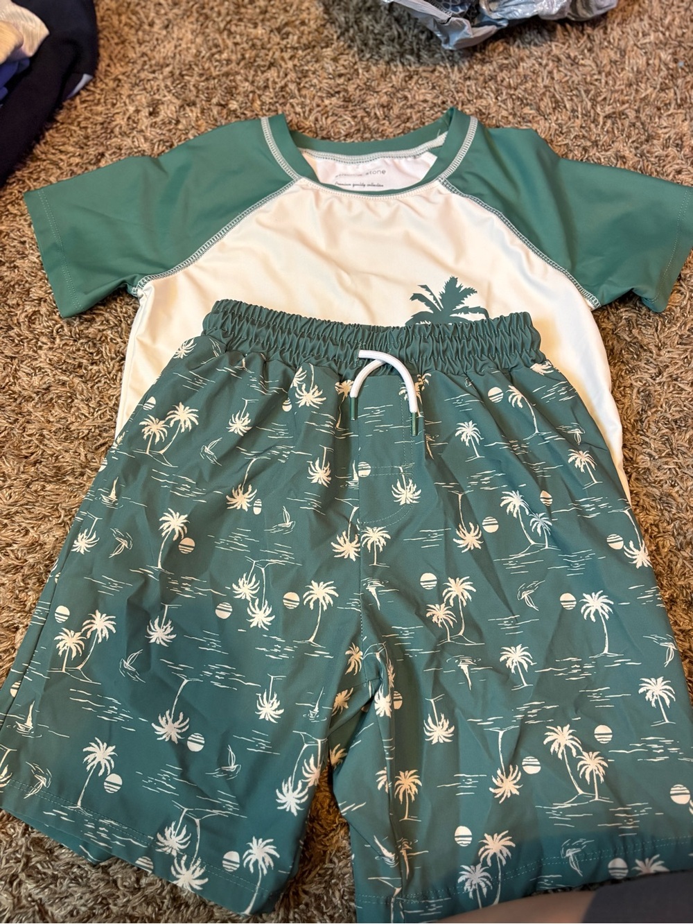 Kids Swim Set - Green Palm Print Rash Guard & Shorts